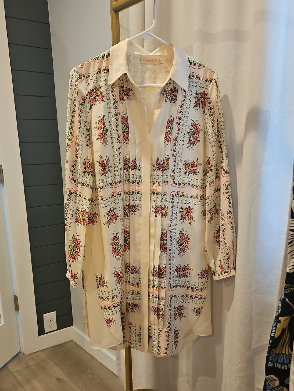 Tory Burch Cream Blouse with Pale Pink and Sage Floral Accents